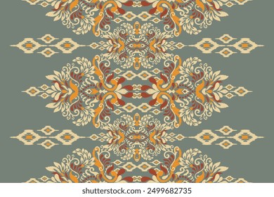 Damask pattern.damask Ikat floral pattern on green background vector illustration.Ikat ethnic oriental traditional,Aztec style,baroque.design for texture,fabric,clothing,wrapping,decoration,carpet.