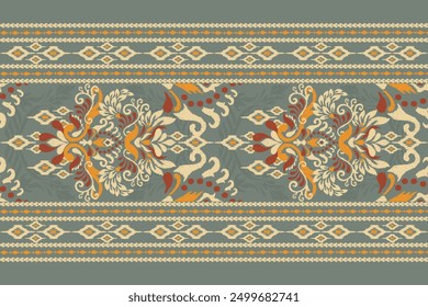 Damask pattern.damask Ikat floral pattern on green background vector illustration.Ikat ethnic oriental traditional,Aztec style,baroque.design for texture,fabric,clothing,wrapping,decoration,carpet .