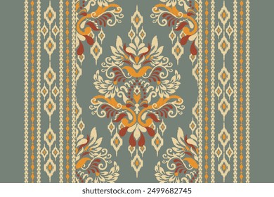 Damask pattern.damask Ikat floral pattern on green background vector illustration.Ikat ethnic oriental traditional,Aztec style,baroque.design for texture,fabric,clothing,wrapping,decoration,carpet .