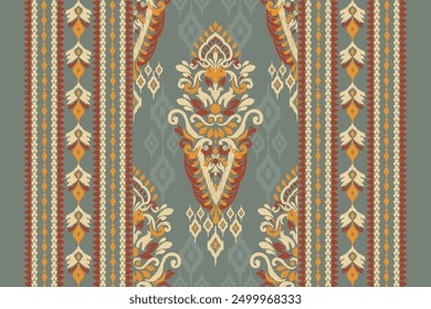 Damask pattern.damask Ikat floral pattern on green background vector illustration.Ikat ethnic oriental traditional,Aztec style,baroque.design for texture,fabric,clothing,wrapping,decoration,carpet .