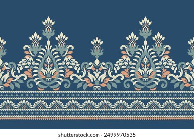 Damask pattern.damask Ikat floral pattern on blue background vector illustration.Ikat ethnic oriental traditional,Aztec style,baroque.design for texture,fabric,clothing,wrapping,decoration,sarong.