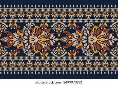 Damask pattern.damask Ikat floral pattern on navy blue background vector illustration.Ikat ethnic oriental traditional,Aztec style,baroque.design for texture,fabric,clothing,wrapping,decoration,carpet