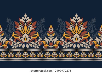 Damask pattern.damask Ikat floral pattern on blue background vector illustration.Ikat ethnic oriental traditional,Aztec style,baroque.design for texture,fabric,clothing,wrapping,decoration,sarong.