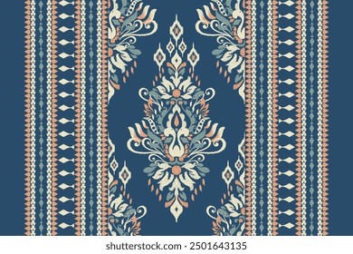 Damask pattern.damask Ikat floral pattern on navy blue background vector illustration.Ikat ethnic oriental traditional,Aztec style,baroque.design for texture,fabric,clothing,wrapping,decoration,carpet