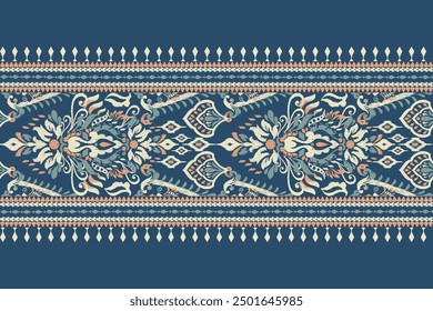 Damask pattern.damask Ikat floral pattern on navy blue background vector illustration.Ikat ethnic oriental traditional,Aztec style,baroque.design for texture,fabric,clothing,wrapping,decoration,carpet