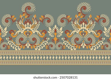 Damask pattern.damask Ikat floral pattern on green background vector illustration.Ikat ethnic oriental traditional,Aztec style,baroque.design for texture,fabric,clothing,wrapping,decoration,sarong.