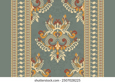 Damask pattern.damask Ikat floral pattern on green background vector illustration.Ikat ethnic oriental traditional,Aztec style,baroque.design for texture,fabric,clothing,wrapping,decoration,carpet .