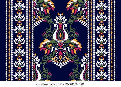 Damast Muster.Damast Ikat Blumenmuster auf navy blauem Hintergrund Vektorgrafik.Ikat ethnisch orientalisch traditionell,Azteken Stil,baroque.design für Textur,Stoff,Kleidung,Umhüllung,Dekoration,Teppich