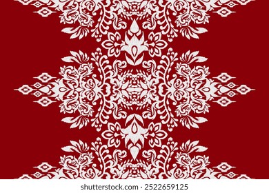 Padrão de damasco.damasco Padrão floral de Ikat sobre fundo vermelho vetor ilustration.Ikat étnico oriental,estilo asteca,baroque.design para textura,tecido,roupas,envoltório,decoração,tapete,impressão