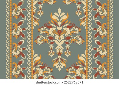 Damask pattern.damask Ikat floral pattern on green background vector illustration.Ikat ethnic oriental traditional,Aztec style,baroque.design for texture,fabric,clothing,wrapping,decoration,carpet 