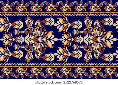 Damask pattern.damask Ikat floral pattern on blue background vector illustration.Ikat ethnic oriental traditional,Aztec style,baroque.design for texture,fabric,clothing,wrapping,decoration,carpet 