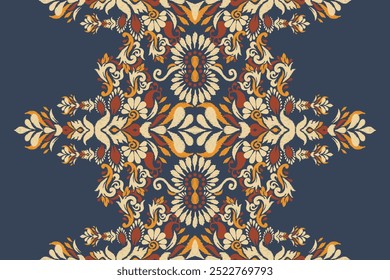 Damask pattern.damask Ikat floral pattern on blue background vector illustration.Ikat ethnic oriental traditional,Aztec style,baroque.design for texture,fabric,clothing,wrapping,decoration,carpet 