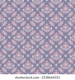 Eine mit Damast gemusterte Tapete mit Blumen und Blättern in Rosa und Weiß. Das Design ist komplex und detailliert, mit einem Sinn für Eleganz und Raffinesse. Die Farbgebung ist weich und beruhigend