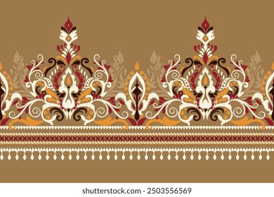 Damask pattern.Ikat floral pattern on brown background.Ikat ethnic pattern vector illustration,Aztec style,hand drawn,baroque embroidery.design for texture,fabric,clothing,decoration,sarong,print.