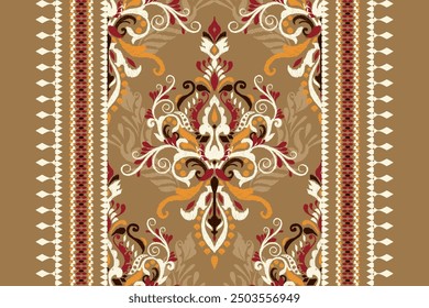 Damast Muster.Ikat Blumenmuster auf braunem Hintergrund.Ikat ethnisches Muster Vektorgrafik,Aztekenstil,handgezeichnet,Barock-Stickerei.Design für Textur,Stoff,Kleidung,Dekoration,Teppich,Druck,Teppich