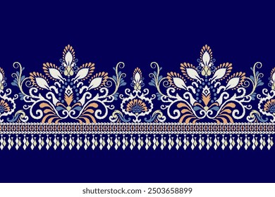 Damask pattern.Ikat floral pattern on blue background.Ikat ethnic pattern vector illustration,Aztec style,hand drawn,baroque embroidery.design for texture,fabric,clothing,decoration,sarong,print,saree