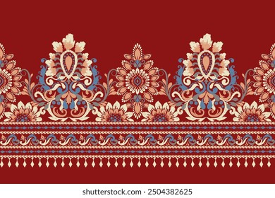 Damask pattern.Ikat floral pattern on red background.Ikat ethnic pattern vector illustration,Aztec style,hand drawn,baroque embroidery.design for texture,fabric,clothing,decoration,sarong,print,saree.