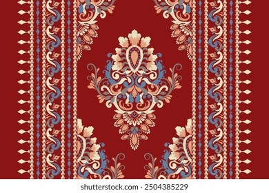 Damask pattern.Ikat floral pattern on red background.Ikat ethnic pattern vector illustration,Aztec style,hand drawn,baroque embroidery.design for texture,fabric,clothing,decoration,carpet,print,rug