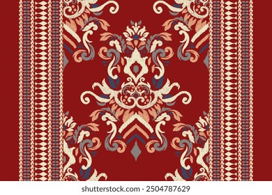 Patrón de damasco. Patrón floral Ikat sobre fondo rojo. Ilustración vectorial de patrón étnico Ikat, estilo azteca, dibujado a mano, bordado barroco. diseño para textura, tela, ropa, decoración, alfombra, impresión, alfombra