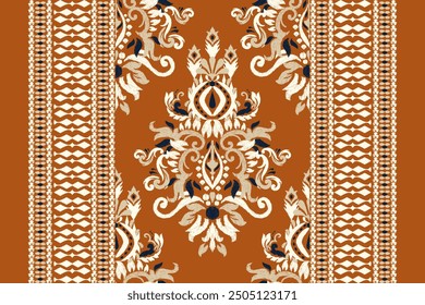 Damask pattern.Ikat floral pattern on orange background.Ikat ethnic pattern vector illustration,Aztec style,hand drawn,baroque embroidery.design for texture,fabric,clothing,decoration,carpet,print,rug