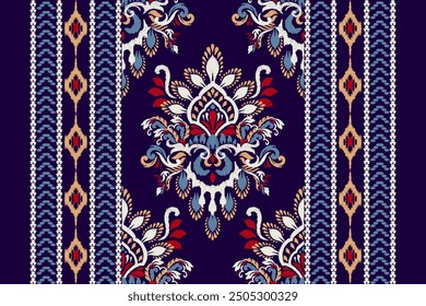 Damask pattern.Ikat floral pattern on navy blue background.Ikat ethnic pattern vector illustration,Aztec style,hand drawn,baroque embroidery.design for texture,fabric,clothing,decoration,carpet,print.