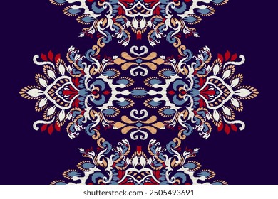 Patrón de damasco. Patrón floral Ikat sobre fondo azul marino. Ilustración vectorial de patrón étnico Ikat, estilo azteca, dibujado a mano, bordado barroco. diseño para textura, tela, ropa, decoración, alfombra, impresión.