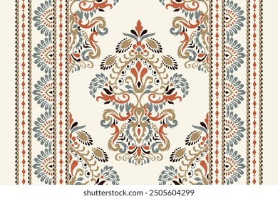 Patrón de damasco. Patrón floral Ikat sobre fondo blanco. Ilustración vectorial de patrón étnico Ikat, estilo azteca, dibujado a mano, bordado barroco. diseño para textura, tela, ropa, decoración, alfombra, impresión.