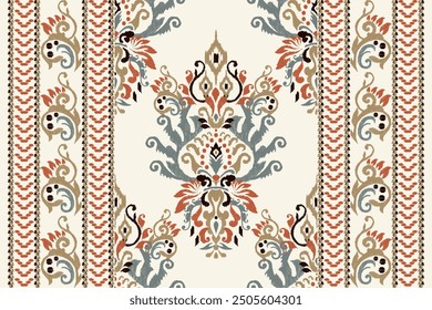 Damask pattern.Ikat floral pattern on white background.Ikat ethnic pattern vector illustration,Aztec style,hand drawn,baroque embroidery.design for texture,fabric,clothing,decoration,carpet,print.