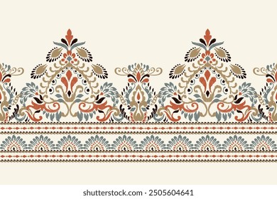 Patrón de damasco. Patrón floral Ikat sobre fondo blanco. Ilustración vectorial de patrón étnico Ikat, estilo azteca, dibujado a mano, bordado barroco. diseño para textura, tela, ropa, decoración, sarong, impresión.