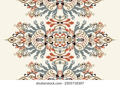 Patrón de damasco. Patrón floral Ikat sobre fondo blanco. Ilustración vectorial de patrón étnico Ikat, estilo azteca, dibujado a mano, bordado barroco. diseño para textura, tela, ropa, decoración, alfombra, impresión.