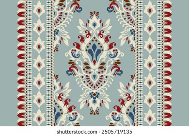 Damask pattern.Ikat floral pattern on blue background.Ikat ethnic pattern vector illustration,Aztec style,hand drawn,baroque embroidery.design for texture,fabric,clothing,decoration,carpet,print,rug.