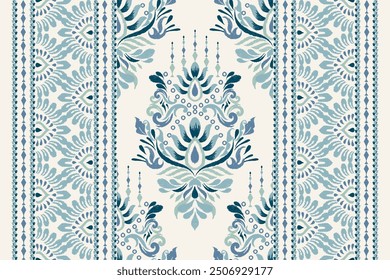 Patrón de damasco. Patrón floral Ikat sobre fondo blanco. Ilustración vectorial de patrón étnico Ikat, estilo azteca, dibujado a mano, bordado barroco. diseño para textura, tela, ropa, decoración, alfombra, impresión, alfombra