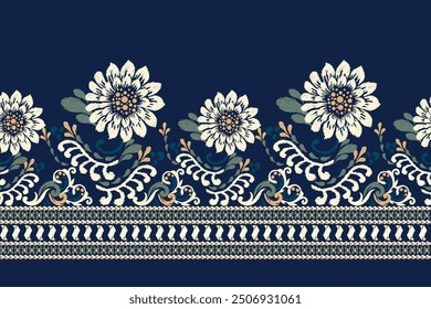 Damask pattern.Ikat floral pattern on navy blue background.Ikat ethnic pattern vector illustration,Aztec style,hand drawn,baroque embroidery.design for texture,fabric,clothing,decoration,sarong,print