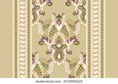 Damask pattern.Ikat floral pattern on brown background.Ikat ethnic pattern vector illustration,Aztec style,hand drawn,baroque embroidery.design for texture,fabric,clothing,decoration,carpet,print,rug