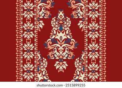 Damask pattern.Ikat floral pattern on red background.Ikat ethnic pattern vector illustration,Aztec style,hand drawn,baroque embroidery.design for texture,fabric,clothing,decoration,carpet,print,rug