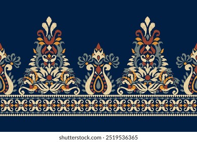 Damask pattern,Ikat floral pattern on navy blue background,vector illustration,Ikat ethnic oriental embroidery,Aztec style,baroque,hand drawn.design for texture,fabric,clothing,decoration,sarong,print