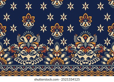 Damask pattern,Ikat floral pattern on navy blue background,vector illustration,Ikat ethnic oriental embroidery,Aztec style,baroque,hand drawn.design for texture,fabric,clothing,decoration,sarong,print