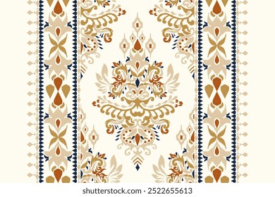 Patrón de damasco. Patrón floral Ikat sobre fondo blanco. Ilustración vectorial de patrón étnico Ikat, estilo azteca, dibujado a mano, bordado barroco. diseño para textura, tela, ropa, decoración, alfombra, impresión.
