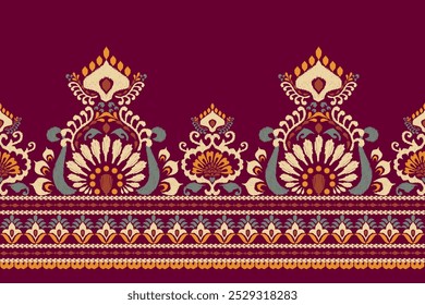 Damask pattern,Ikat floral pattern on purple background,vector illustration,Ikat ethnic oriental embroidery,Aztec style,baroque,hand drawn.design for texture,fabric,clothing,decoration,sarong,print.