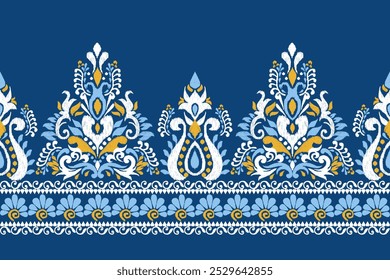 Damask pattern,Ikat floral pattern on blue background,vector illustration,Ikat ethnic oriental embroidery,Aztec style,baroque,hand drawn.design for texture,fabric,clothing,decoration,sarong,print.