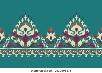 Padrão de damasco,padrão floral Ikat sobre fundo verde,ilustração vetorial,bordado oriental étnico Ikat,estilo asteca,barroco,desenho à mão.design para textura,tecido,roupas,decoração,sarong,impressão.