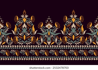 Padrão de damasco,padrão floral Ikat sobre fundo preto,ilustração vetorial,bordado oriental étnico Ikat,estilo asteca,barroco,desenho à mão.design para textura,tecido,roupas,decoração,sarong,impressão.