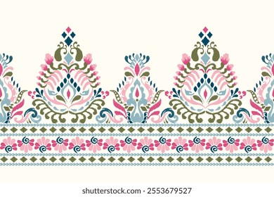 Damask pattern,Ikat floral pattern on white background,vector illustration,Ikat ethnic oriental embroidery,Aztec style,baroque,hand drawn.design for texture,fabric,clothing,decoration,sarong,print.