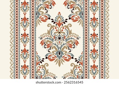 Damask pattern.Ikat floral pattern on white background.Ikat ethnic pattern vector illustration,Aztec style,hand drawn,baroque embroidery.design for texture,fabric,clothing,decoration,carpet,print.