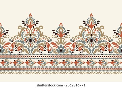 Damask pattern,Ikat floral pattern on white background,vector illustration,Ikat ethnic oriental embroidery,Aztec style,baroque,hand drawn.design for texture,fabric,clothing,decoration,sarong,print.