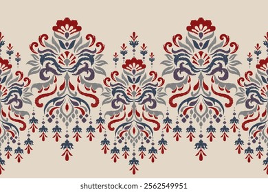 Damask pattern,Ikat floral pattern on brown background,vector illustration,Ikat ethnic oriental embroidery,Aztec style,baroque,hand drawn.design for texture,fabric,clothing,decoration,sarong,print.