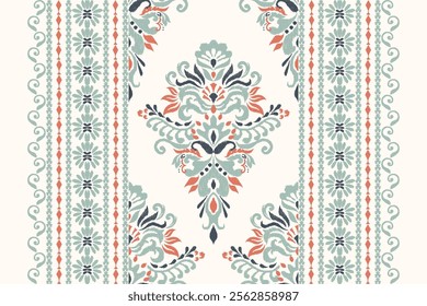 Damask pattern.Ikat floral pattern on white background.Ikat ethnic pattern vector illustration,Aztec style,hand drawn,baroque embroidery.design for texture,fabric,clothing,decoration,carpet,print.