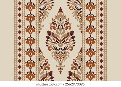 Damask pattern.Ikat floral pattern on brown background.Ikat ethnic pattern vector illustration,Aztec style,hand drawn,baroque embroidery.design for texture,fabric,clothing,decoration,carpet,print