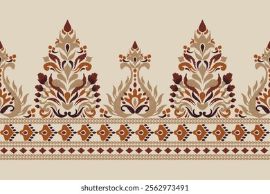 Damask pattern,Ikat floral pattern on brown background,vector illustration,Ikat ethnic oriental embroidery,Aztec style,baroque,hand drawn.design for texture,fabric,clothing,decoration,sarong,print.