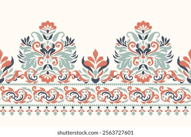 Damask pattern,Ikat floral pattern on white background,vector illustration,Ikat ethnic oriental embroidery,Aztec style,baroque,hand drawn.design for texture,fabric,clothing,decoration,sarong,print.